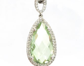 18KT White Gold 5.07CTW Pear Shape Prong Set Green Amethyst and Diamond Pendant