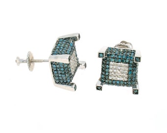 White Gold 1.11ctw Round Cut Pave Set Blue and White Diamond Earrings