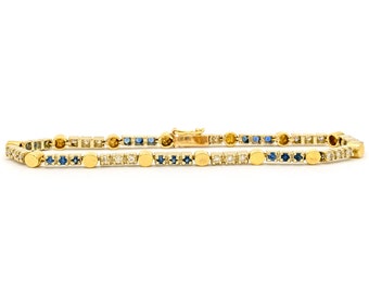 14KT Yellow Gold 1.54CTW Round Brilliant Cut Prong Set Natural Sapphire and Diamond Tennis Bracelet