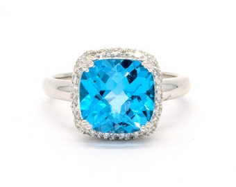 14KT White Gold 5.07CTW Faceted Top Cushion Cut Prong Set Natural Topaz and Diamond Halo Ring