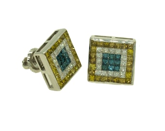 14KT White Gold 3.00ctw Princess Cut Invisible Set Blue Yellow and White Diamond Earrings