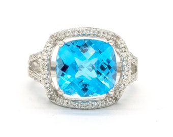 14KT White Gold 6.29CTW Faceted Top Cushion Cut Prong Set Natural Blue Topaz and Diamond Ring