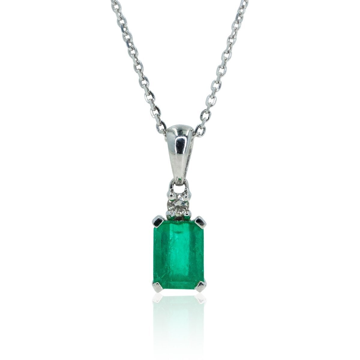 18kt White Gold .71ctw NATURAL Emerald Cut Emerald With Round Diamond Accent Solitaire Gemstone Pendant