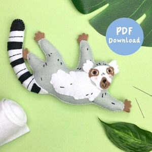 PDF Instructions for Ronnie the Ring-tailed Lemur, monkey plush sewing pattern, felt plush sewing pattern, SVG pattern, felt pdf pattern