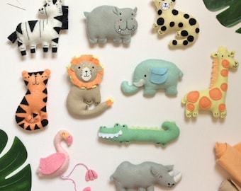 PDF Instructions for 10 Felt Jungle Friends, felt plush sewing pattern, safari mobile, felt ornaments, safari animals, toy patterns, diy