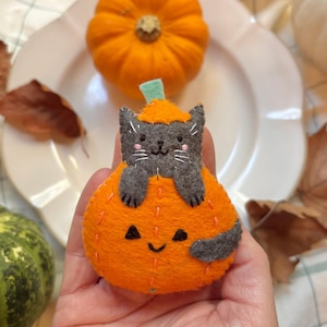 Puede incluir: Decoración de Halloween de fieltro con un gato gris posado sobre una calabaza naranja. La calabaza tiene una cara sonriente y un tallo verde. Hay otras calabazas y hojas de otoño en el fondo.