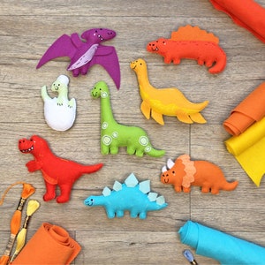 PDF Instructions to sew your own Dinosaur Friends felt animals, plush sewing pattern, felt ornaments, digital download, dinosaur toys,
