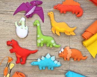 PDF Instructions to sew your own Dinosaur Friends felt animals, plush sewing pattern, felt ornaments, digital download, dinosaur toys,