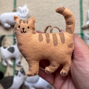 May include: A handmade orange tabby cat ornament with brown stripes and a smiling face. The felt cat has a curved tail and a jute string for hanging. Other cat ornaments are visible in the background.