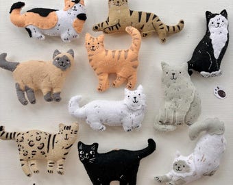 PDF-instructies om je eigen te naaien Set van 10 katten, doe-het-zelf vilten katten, vilten kattensjablonen, vilten kattenpatronen, digitale viltpatronen, vilt naaien