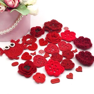 Red crocheted appliques. Flowers for scrapbook. Red embellisment. Red flowers. Flowers for creative work. Red butterflies