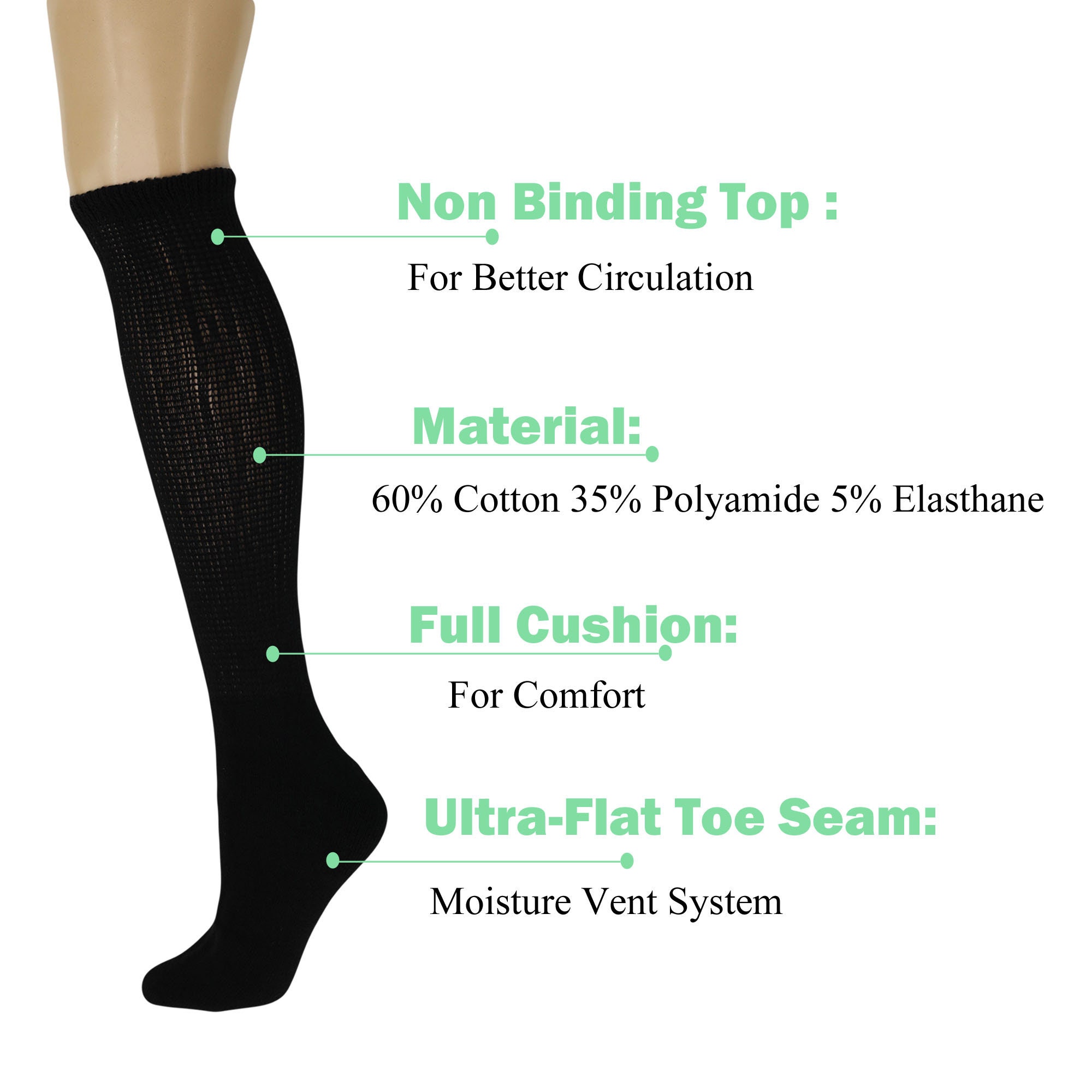 Black Diabetic Knee High Socks for Men and Women With Full Cushioned ...