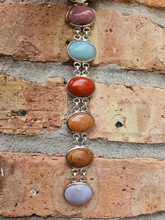 Multi-Colored Gemstone Sterling Silver Link Brace… - image 4
