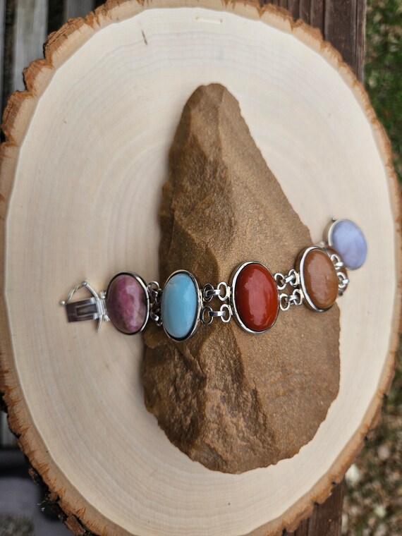Multi-Colored Gemstone Sterling Silver Link Brace… - image 3