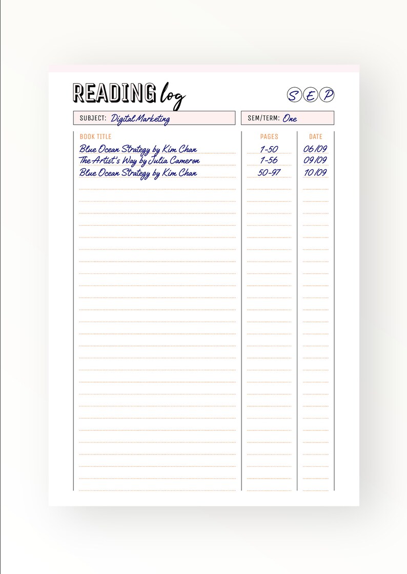 Reading Log Planner Insert Instant Download Printable Etsy