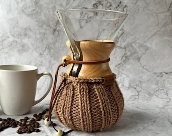 Hand-knit Chemex/Bodum cosy - vegan coffee lover’s cozy gift - Tan