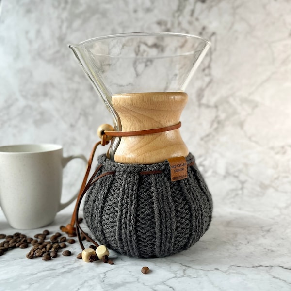 Hand-knit Chemex/Bodum cosy - vegan coffee lover’s cozy gift - Charcoal Grey