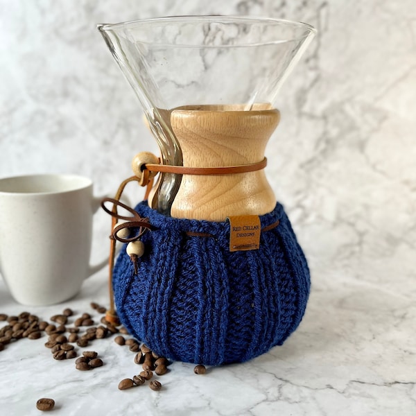 Hand-knit Chemex/Bodum cosy - vegan coffee lover’s cozy gift - Blue