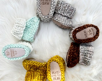 Handmade NEWBORN merino booties with faux leather soles, includes wool wash and gift box. Perfect baby shower gift