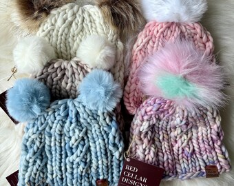 Hand Knit Baby Merino Beanie w/ Detachable Faux Fur PomPom -Unique Dyed Wool - Free Dust Bag & Wool Wash - Luxury Gift –UK Irish Handmade