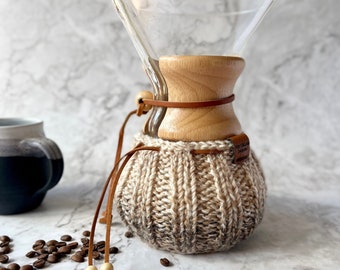 Handgebreide Chemex/Bodum cosy - een gezellig cadeau voor veganistische koffieliefhebbers - crème/wit/beige/havermout