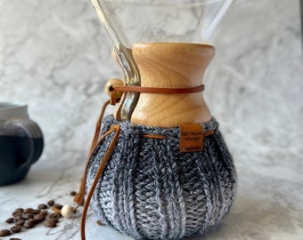 Hand-knit Chemex/Bodum cosy - vegan coffee lover’s cozy gift - Black/Charcoal grey multi