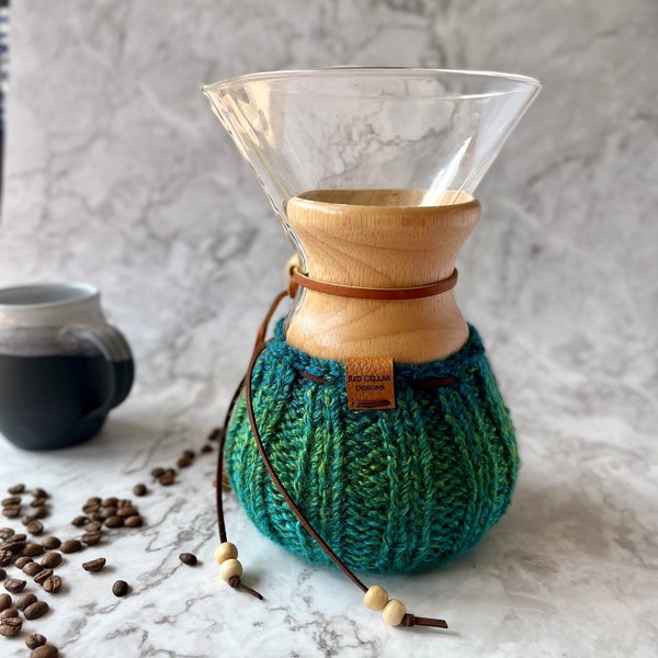 Hand-knit Chemex/Bodum cosy - vegan coffee lover’s cozy gift - Green/Blue Oceana Multi