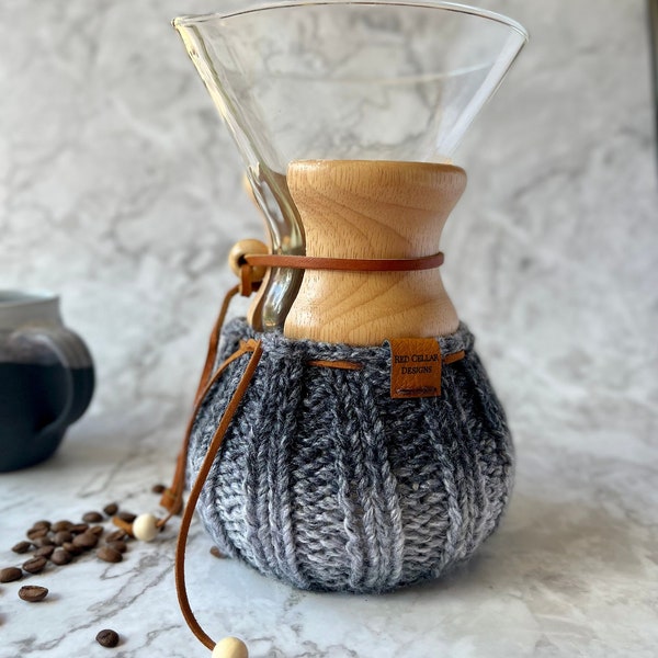 Hand-knit Chemex/Bodum cosy - vegan coffee lover’s cozy gift - Black/Charcoal grey multi