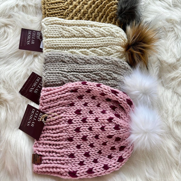 Hand Knit Adult Merino Beanie with Detachable Faux Fur Pom Pom - Easy Care - Free Dust Bag & Wool Wash - Luxury Gift –UK/Irish Handmade