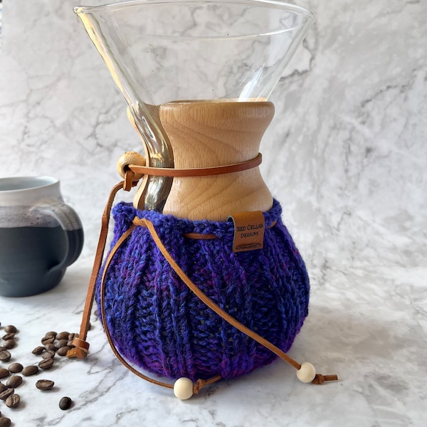 Hand-knit Chemex/Bodum cosy - vegan coffee lover’s cozy gift - Purple Haze multi