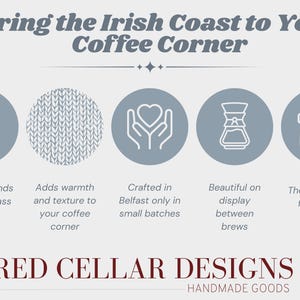 K&ouml;nnte beinhalten: Eine Infografik mit dem Titel Bring the Irish Coast to Your Coffee Corner von Red Cellar Designs. Sie zeigt f&uuml;nf kreisf&ouml;rmige Symbole, die Hitzeschutz, Stricktextur, Handwerkskunst aus Belfast, &Auml;sthetik und Geschenkoptionen darstellen.