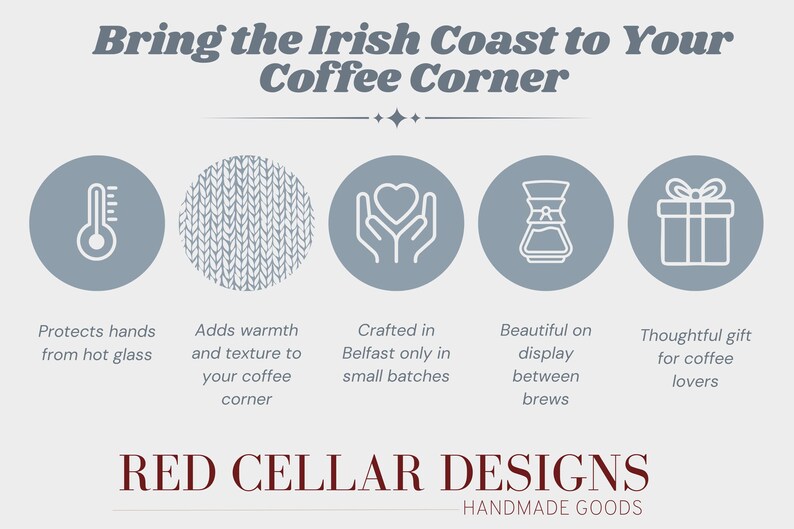 K&ouml;nnte beinhalten: Eine Infografik mit dem Titel Bring the Irish Coast to Your Coffee Corner von Red Cellar Designs. Sie zeigt f&uuml;nf kreisf&ouml;rmige Symbole, die Hitzeschutz, Stricktextur, Handwerkskunst aus Belfast, &Auml;sthetik und Geschenkoptionen darstellen.