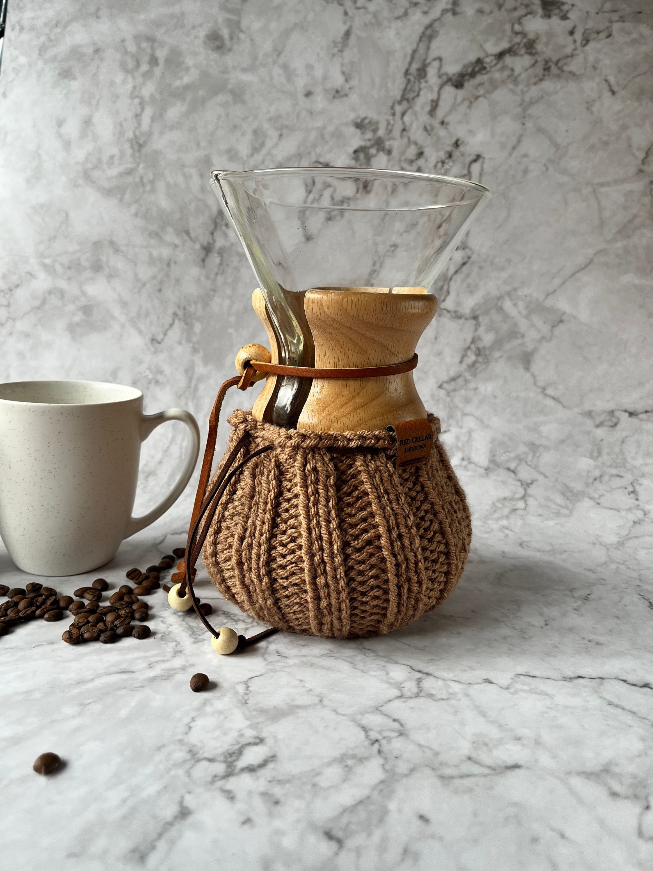 Handcrafted Thermal Warming Cozy for Chemex Pour Over Coffee Pot Carafe 6  or 8 Cup Pourover Coozy 