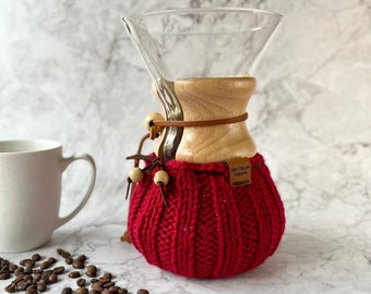 Hand-knit Chemex/Bodum cosy - vegan coffee lover’s cozy gift - Red