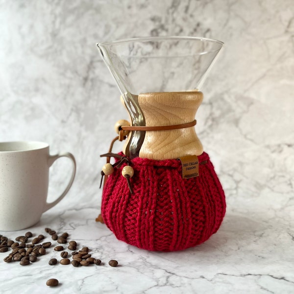 Hand-knit Chemex/Bodum cosy - vegan coffee lover’s cozy gift - Red