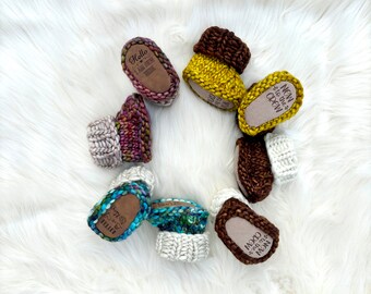 Handmade BABY merino booties with faux leather soles, includes wool wash and gift box. Perfect baby shower gift