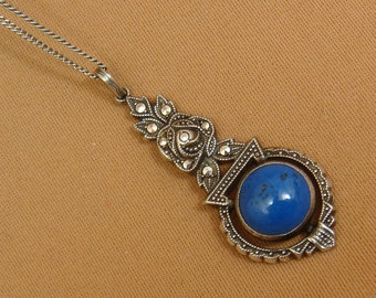 Cabochon BLUE DALMATION Stone and Marcasite Elongated Pendant Necklace Sterling Silver Round