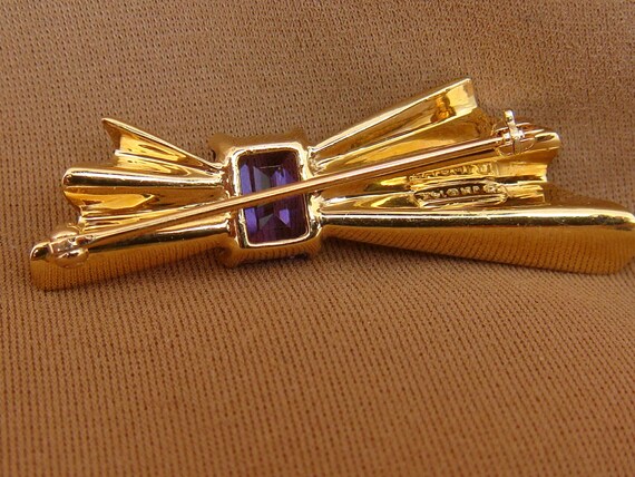 Emerald Cut Purple AMETHYST Brooch Pin 14K Yellow… - image 3