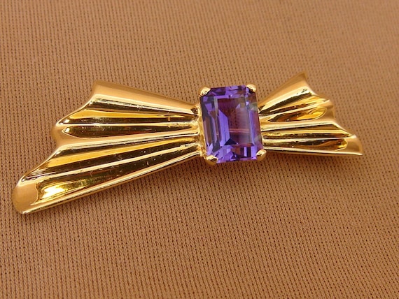 Emerald Cut Purple AMETHYST Brooch Pin 14K Yellow… - image 1