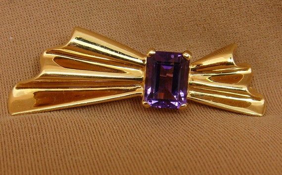 Emerald Cut Purple AMETHYST Brooch Pin 14K Yellow… - image 2