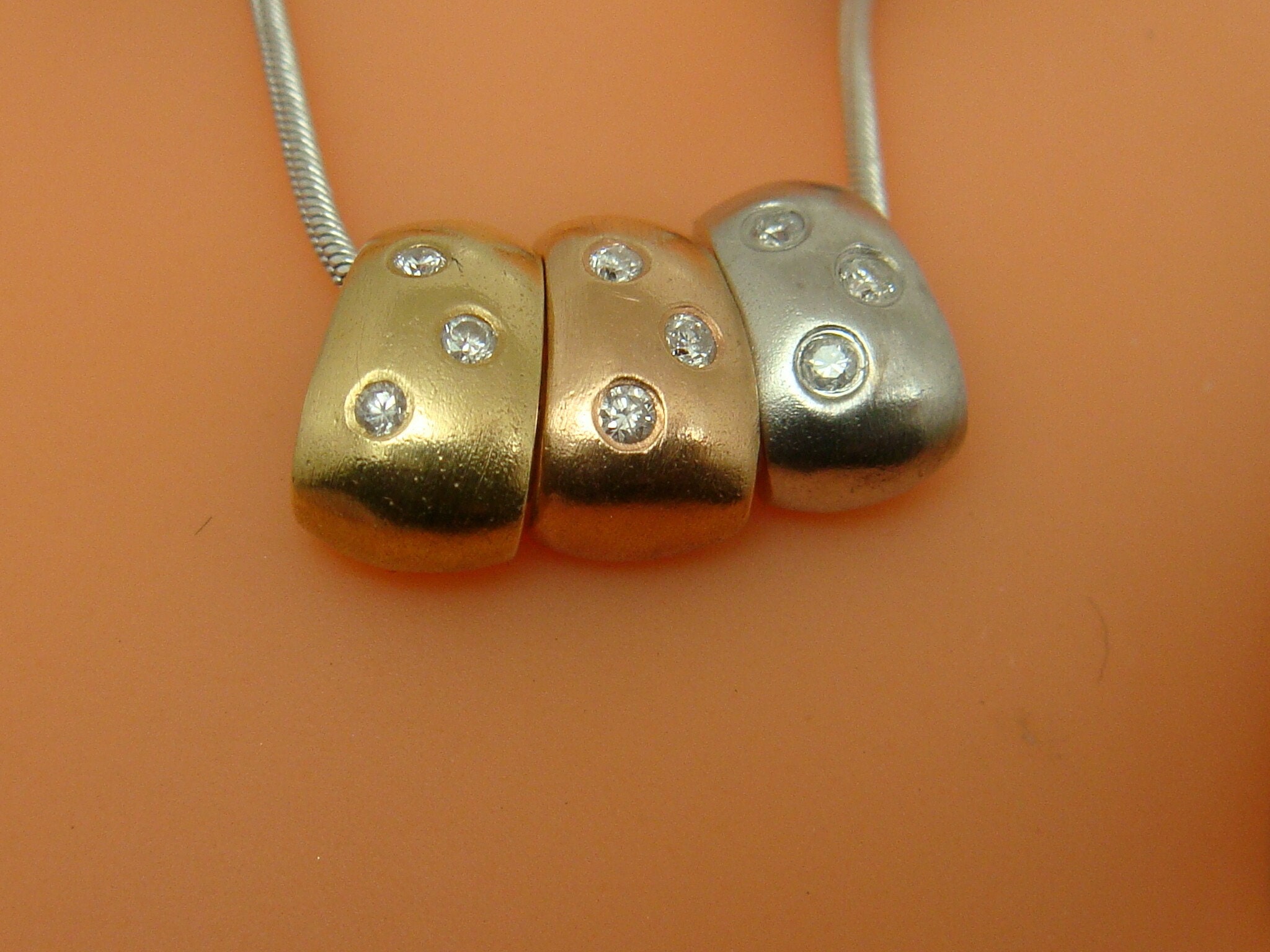 14K Tritone Gold DIAMOND Three Slider Pendant Necklace 16 WG Snake