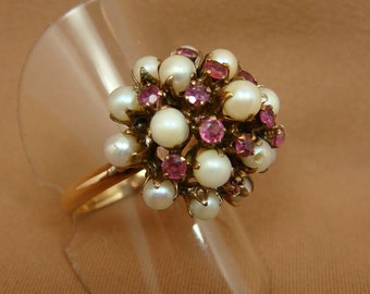 SEED PEARL and RUBY Cluster Ring - Vintage 1960s 14K - Size 9.25