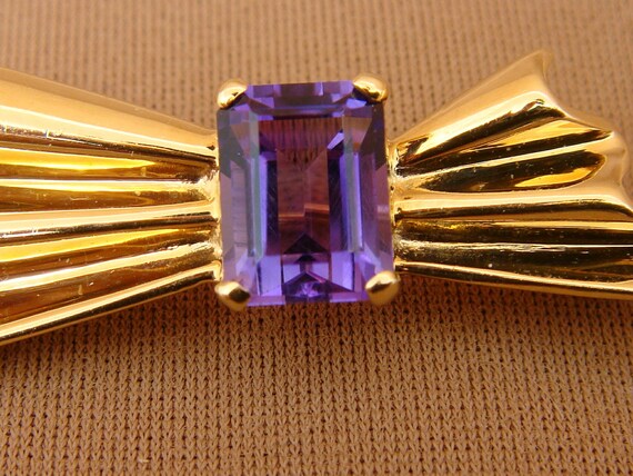 Emerald Cut Purple AMETHYST Brooch Pin 14K Yellow… - image 5