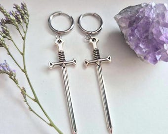 Sword Earrings: Hinged Hoop Earrings Or Sterling Silver Hooks