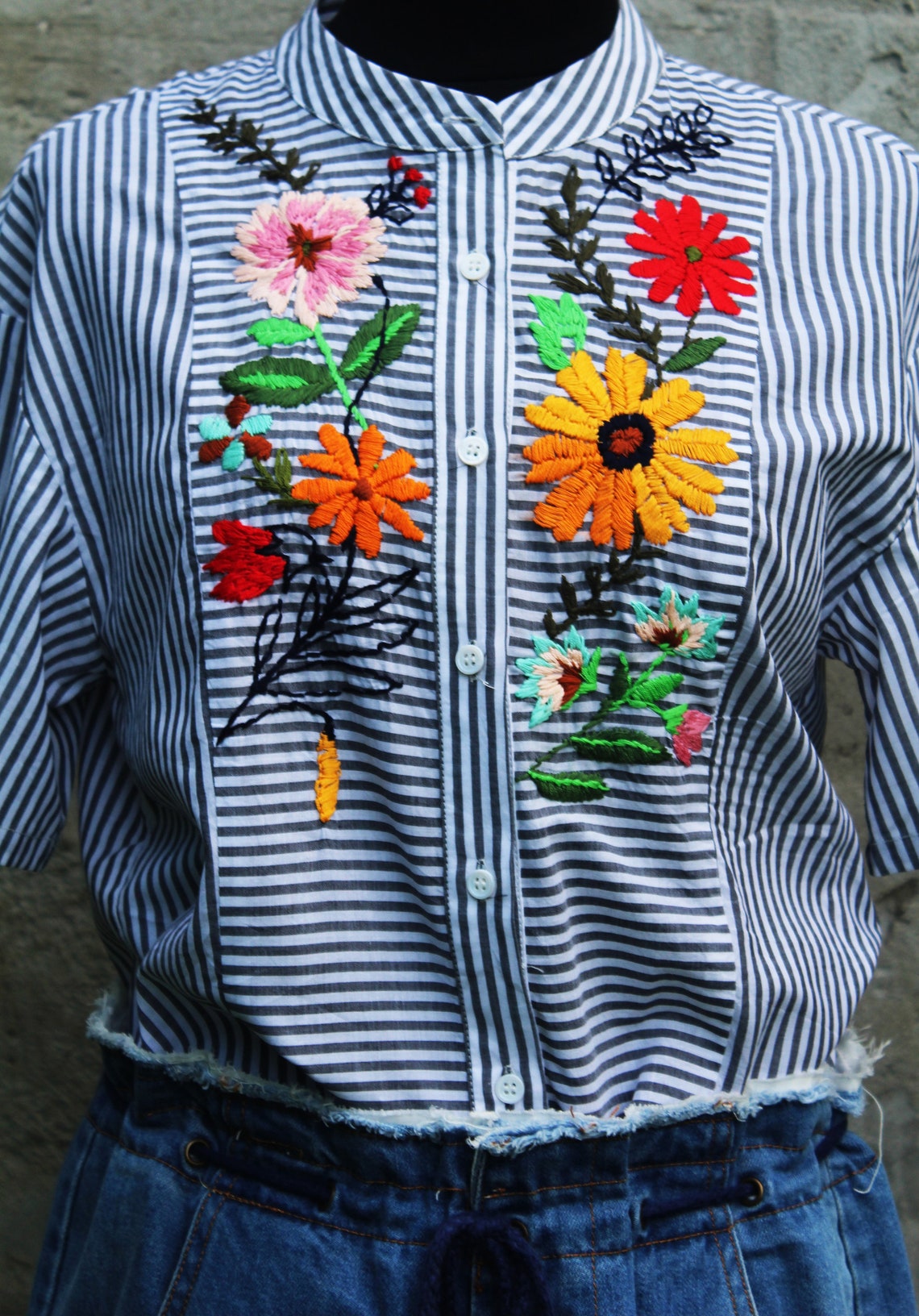 White Striped shirt hand embroidered shirt floral Etsy
