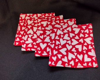 Valentine's Day Heart Fabric Coaster Set: Handmade Reversible Coffee Coasters