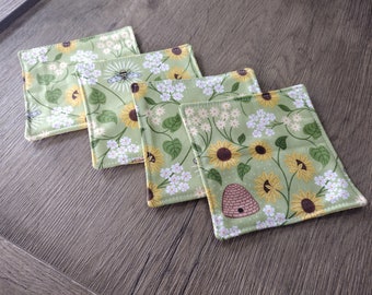 Reversible Bee Coasters, Fabric Coaster Set, Housewarming Gift