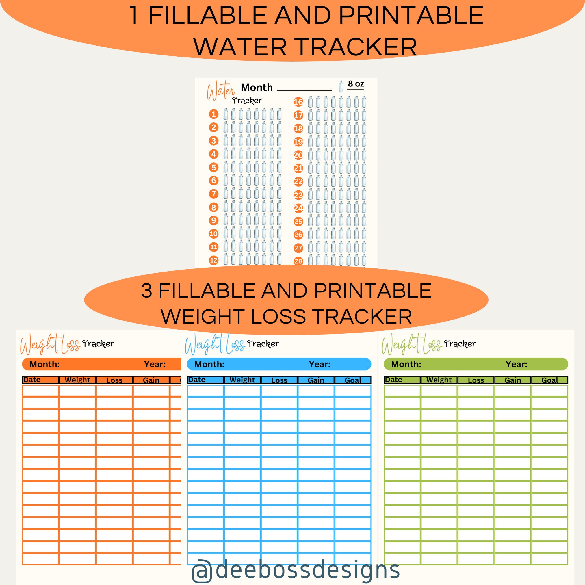 Fillable and Printable Water Tracker and Weight Loss Tracker Set ...