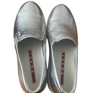 Prada Silver Leather Slip-On Sneakers – Size IT 35 / US 5