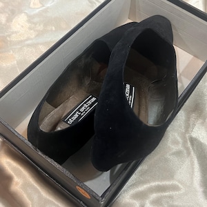 Vintage Stuart Weitzman Black Suede Flats | Size 10 | Square Toe Slip-On Shoes | Minimalist Designer Loafers | Y2K Quiet Luxury